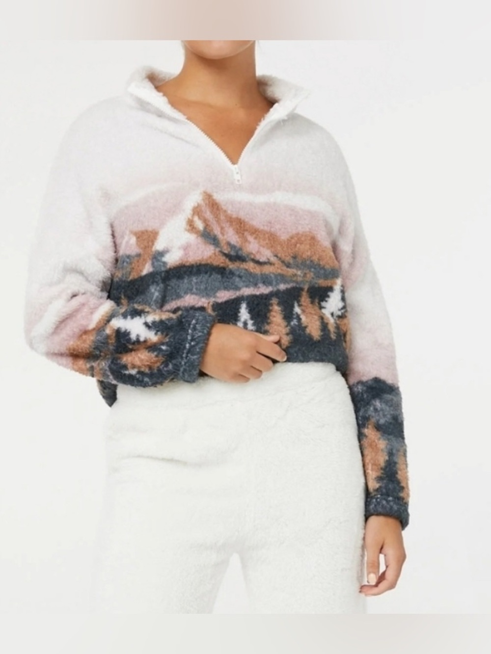 Cozy Sherpa Half-Zip Pullover with Mountain Scene - White, Pink, Gray